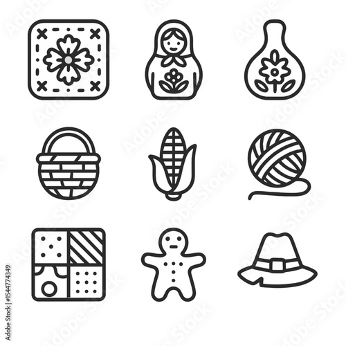 Folk Art Icon Set. Outline icon set of folk art motifs: embroidered patch, wooden doll, painted gourd, woven basket, carved corn,