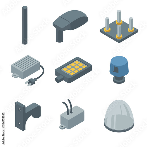 Street Lamp Icon Set. Isometric Flat icon set of street lamp components: lamp post shaft, luminaire housing, pole base anchor,