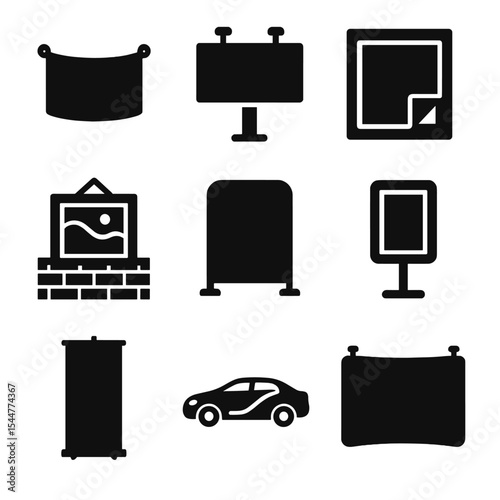 Large Format Icons. Solid, filled icons set of large format print: banner icon, billboard print, window cling,