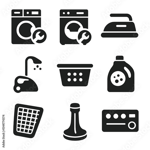 Laundry Appliance Icons. Solid, filled icons set of laundry appliance repair: washer, dryer, ironing machine, steamer, laundry basket, detergent, lint filter, agitator, control panel.
