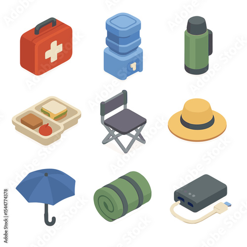 Strike Support Icon Set. Isometric Flat icon set of strike support supplies: first aid kit, water cooler, thermos flask, snack