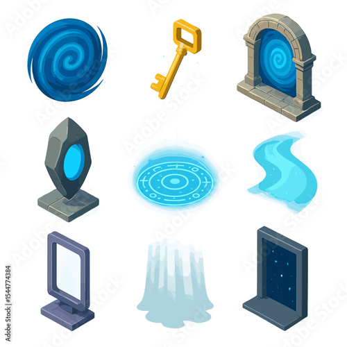 Portal Icon Collection. Isometric Flat icon set of portal and gateway scenes: swirling vortex, magic key, ornate archway, floating