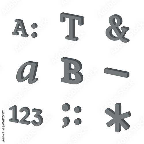Isometric Font Style Icons. Isometric Flat icon set of classic font styles: Courier sample, Serif letter, Monospaced glyph, italic