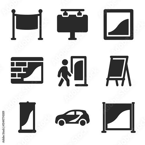 Large Format Icons. Solid, filled icons set of large format print: banner icon, billboard print, window cling,