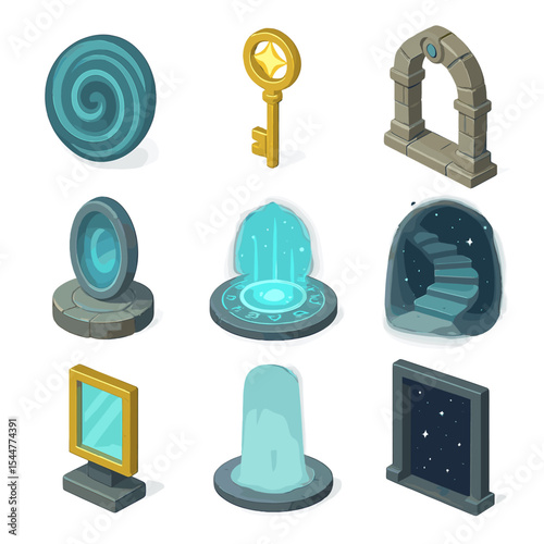 Portal Icon Collection. Isometric Flat icon set of portal and gateway scenes: swirling vortex, magic key, ornate archway, floating
