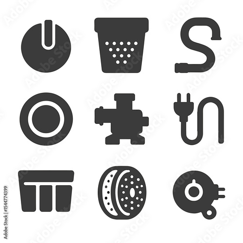 Laundry Appliance Icons. Solid, filled icons set of laundry appliance parts: control knob, lint filter, drain