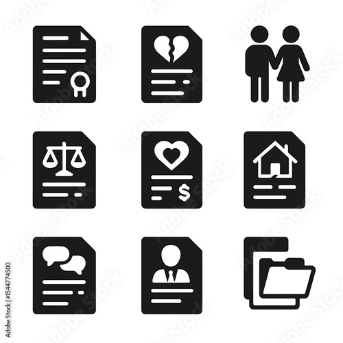 Legal Document Icons. Solid, filled icons set of legal documents: contract, divorce papers, custody agreement,