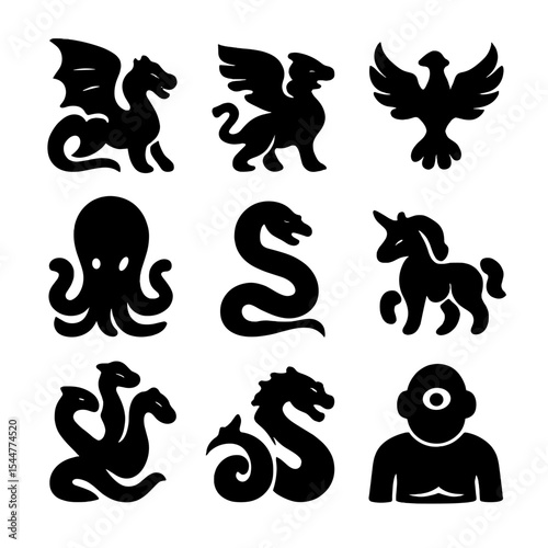 Legendary Creatures Icons. Solid, filled icons set of legendary creatures: dragon, griffin, phoenix, kraken,
