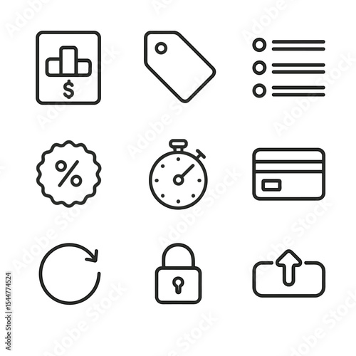 Subscription Plan Icons. Outline icon set of subscription pricing schemes: tiered plan card, price tag, feature list bullet,