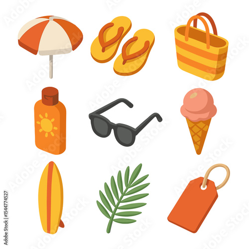 Summer Sale Icons. Isometric Flat icon set of seasonal summer sale: sun umbrella, flip-flops, beach tote, sunscreen bottle,