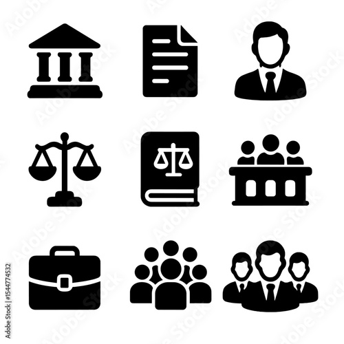 Legal Icons Grid. Solid, filled icons set of legal teams in class action suits: courthouse icon, legal