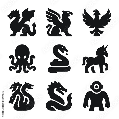 Legendary Creatures Icons. Solid, filled icons set of legendary creatures: dragon, griffin, phoenix, kraken,