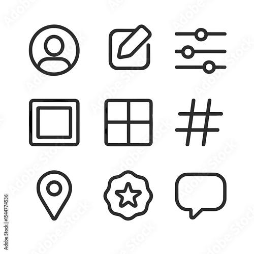Icons for Profile Curation. Outline icon set of self-presentation and curation: profile picture, pencil edit icon, filter slider,
