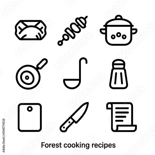 Forest Cooking Icons. Outline icon set of forest cooking recipes: foil packet, skewered veggies, stew pot, pancake griddle, soup