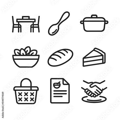 Potluck Icon Set. Outline icon set of food sharing and potluck: communal table, serving spoon, casserole dish, salad bowl, bread