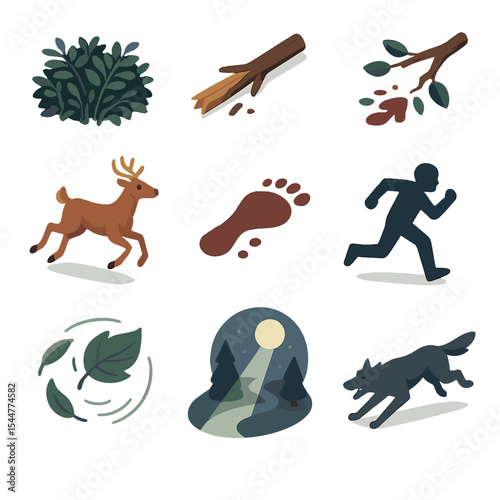 Forest Chase Icons. Isometric Flat icon set of forest chase scene: creeping underbrush, broken twig, fleeing deer, snapping branch