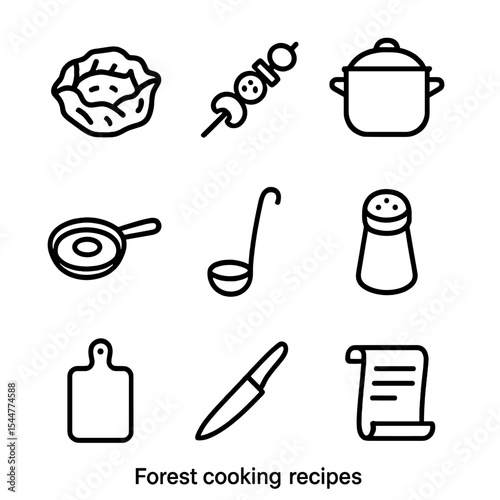 Forest Cooking Icons. Outline icon set of forest cooking recipes: foil packet, skewered veggies, stew pot, pancake griddle, soup