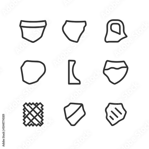 Pottery Fragment Icons. Outline icon set of pottery fragment classification: rim sherd, base sherd, handle fragment, body sherd,