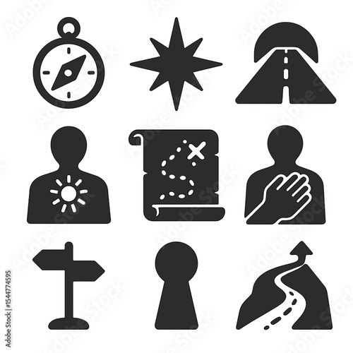 Life Purpose Icons. Solid, filled icons set of life purpose exploration: compass, guiding star, open road,