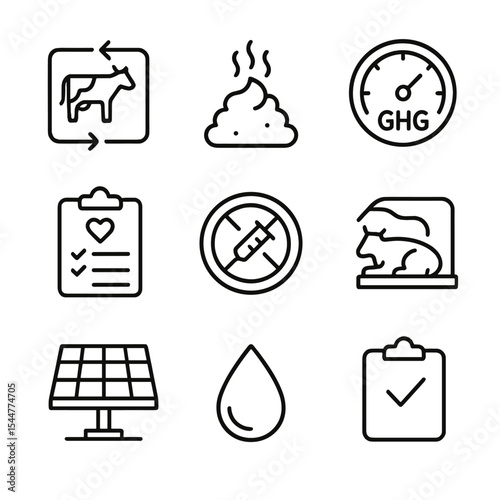 Sustainability Icon Set. Outline icon set of sustainability and welfare: pasture rotation, manure management, GHG meter, welfare