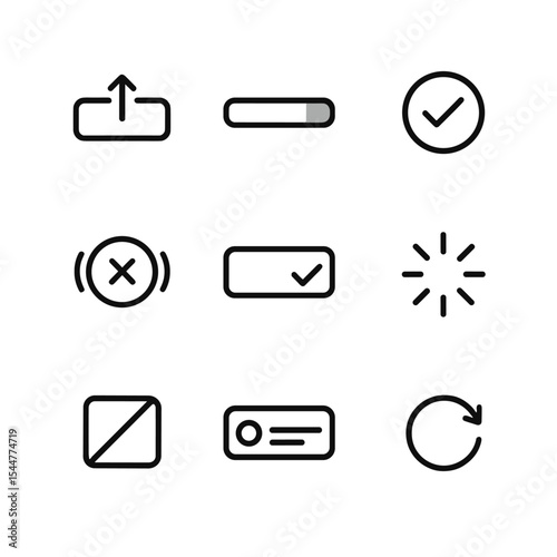 Form Feedback Icons. Outline icon set of form submission feedback: submit button, progress bar, success checkmark, error shake,