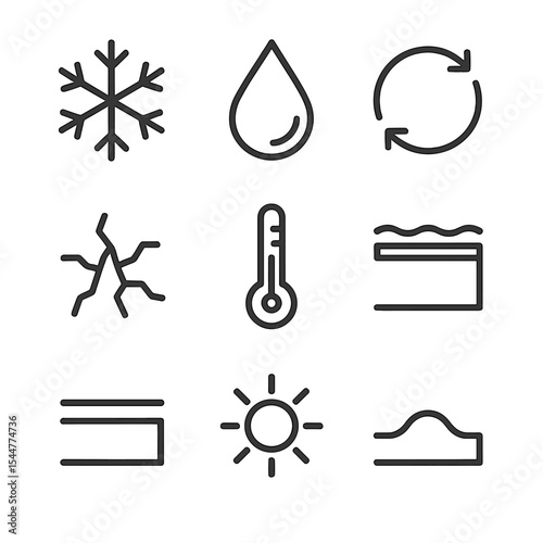 Freeze-Thaw Icon Set. Outline icon set of freeze–thaw processes: ice crystal, melting droplet, cycle arrow, temperature gauge,
