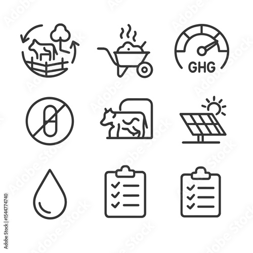Sustainability Icon Set. Outline icon set of sustainability and welfare: pasture rotation, manure management, GHG meter, welfare