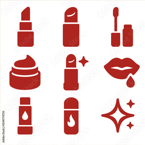 Lipstick Icon Grid. Solid, filled icons set of lipstick textures and finishes: matte tube, satin sheen, glossy