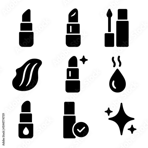 Lipstick Icon Grid. Solid, filled icons set of lipstick textures and finishes: matte tube, satin sheen, glossy