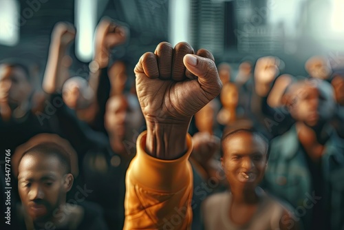 CloseUp of Raised Fist with Diverse Group Advocating for Human Rights and Justice