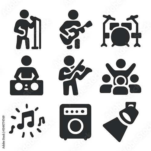 Live Music Icons. Solid, filled icons set of live music performance: singer at mic, guitar player, drum set,