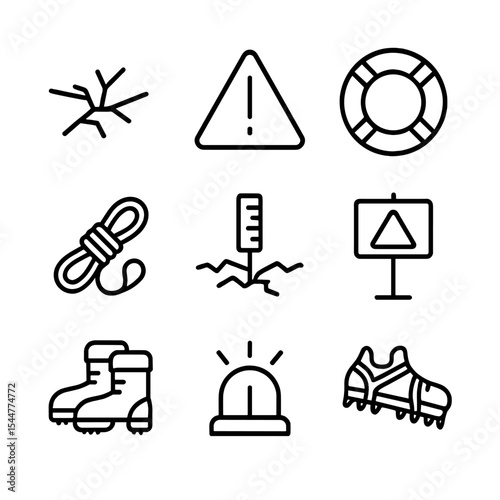 Frozen Lake Safety Icons. Outline icon set of frozen lake safety hazards: thin ice crack, warning triangle, life ring, rescue rope