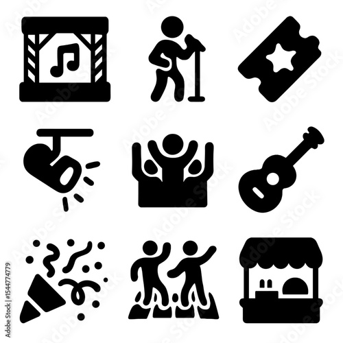 Live Show Icons. Solid, filled icons set of attending live shows: music stage, performer, ticket stub,