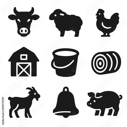 Livestock Icon Set. Solid, filled icons set of livestock farm experiences: cow icon, sheep, chicken, piglet,