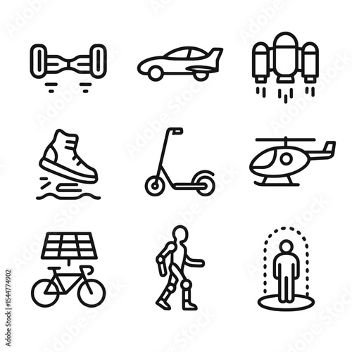 Futuristic Transport Icon Set. Outline icon set of transportation and mobility tech: hoverboard, electric flying car, jetpack,