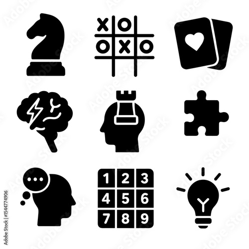 Logic Games Icons. Solid, filled icons set of logic and thinking games: chess icon, tic-tac-toe, memory card,