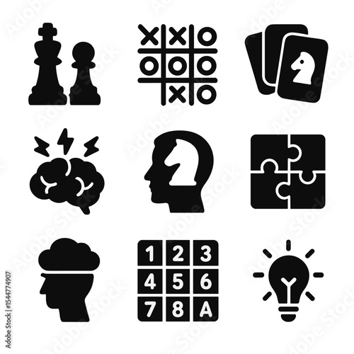 Logic Games Icons. Solid, filled icons set of logic and thinking games: chess icon, tic-tac-toe, memory card,