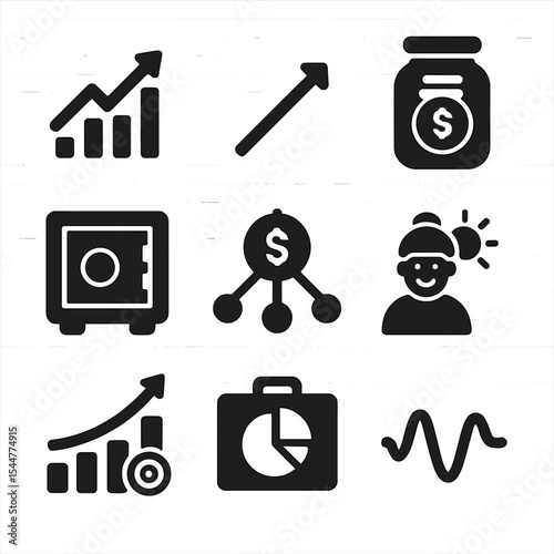 Long-Term Investment Icons. Solid, filled icons set of long-term investing: stock growth, steady arrow,
