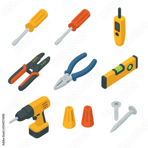 Switch Plate Tools Icons. Isometric Flat icon set of switch plate installation tools: flathead screwdriver, Phillips screwdriver,
