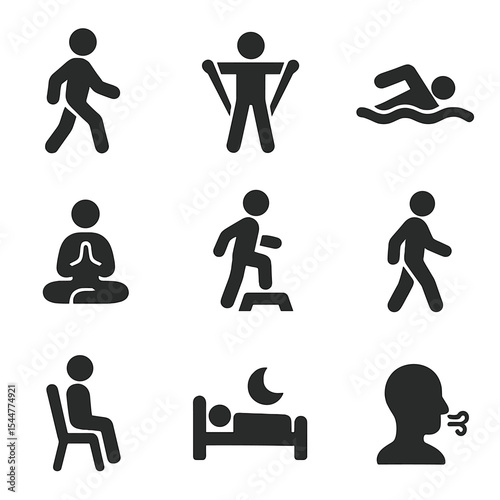 Low-Impact Fitness Icons. Solid, filled icons set of low-impact fitness tracking: walk icon, stretching band,