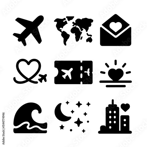 Love Across Distances Icons. Solid, filled icons set of love across distances