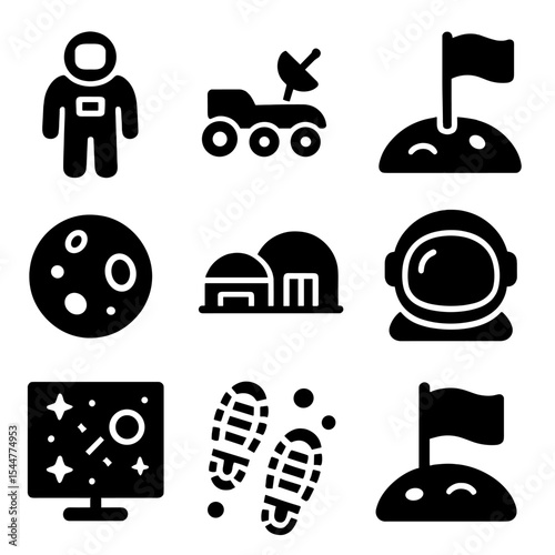 Lunar Exploration Icons. Solid, filled icons set of lunar exploration: astronaut icon, moon rover, flag on