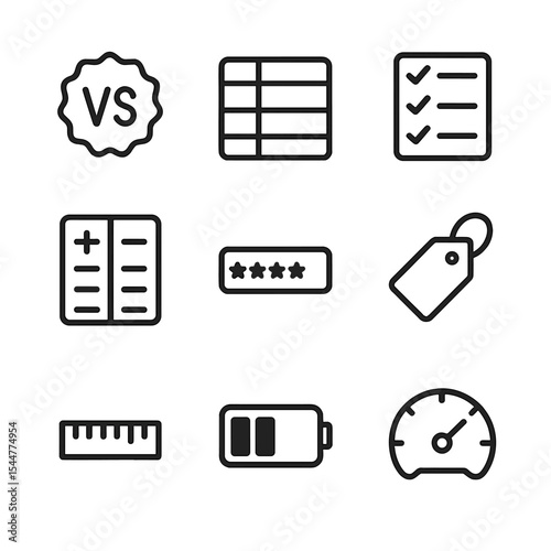 Product Comparison Icons. Outline icon set of product comparison tools: versus badge, spec table, checkbox list, pros-cons list,