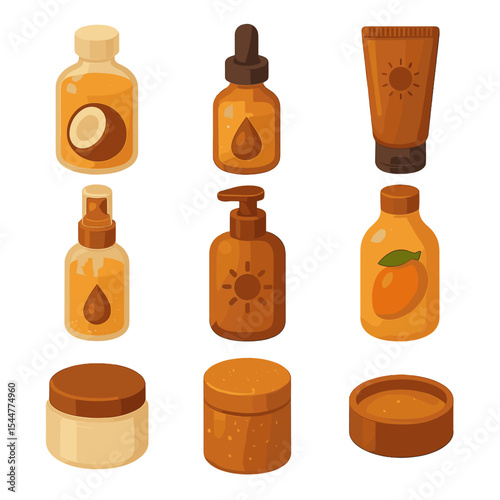 Tanning Oils Icon Set. Isometric Flat icon set of tanning oils and bronzers: coconut oil bottle, argan oil dropper, bronzing