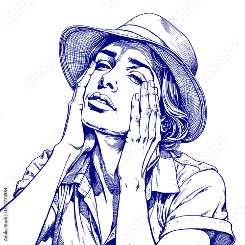 Person with hat and hands on face in vintage sketch in blue ink  