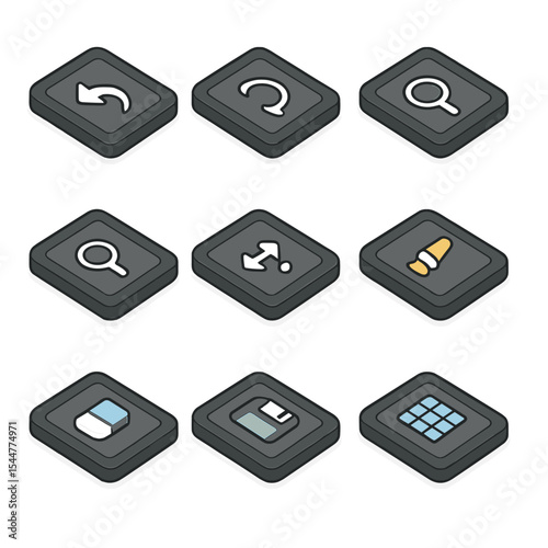 Tablet Shortcut Icons. Isometric Flat icon set of shortcut keys for tablets: undo, redo, zoom in, zoom out, pan, switch brush,