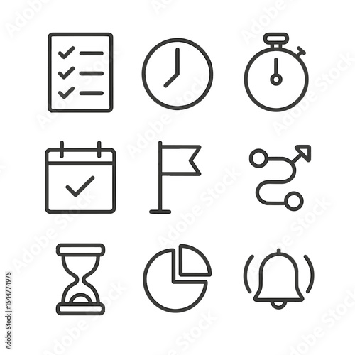Task Management Icons. Outline icon set of task tracking and time management: to-do list, clock, timer, calendar tick, milestone