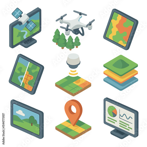 Geospatial Monitoring Icons. Isometric Flat icon set of satellite and drone monitoring: satellite imaging screen, drone flying