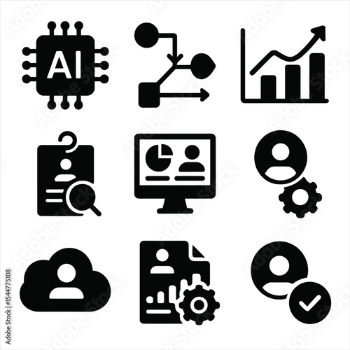 Machine Learning HR Icons. Solid, filled icons set of machine learning in HR