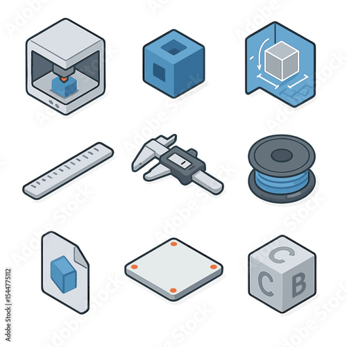 Prototyping Icons Grid. Isometric Flat icon set of crowdsourced prototyping: 3D printer, prototype model, blueprint sheet, scale